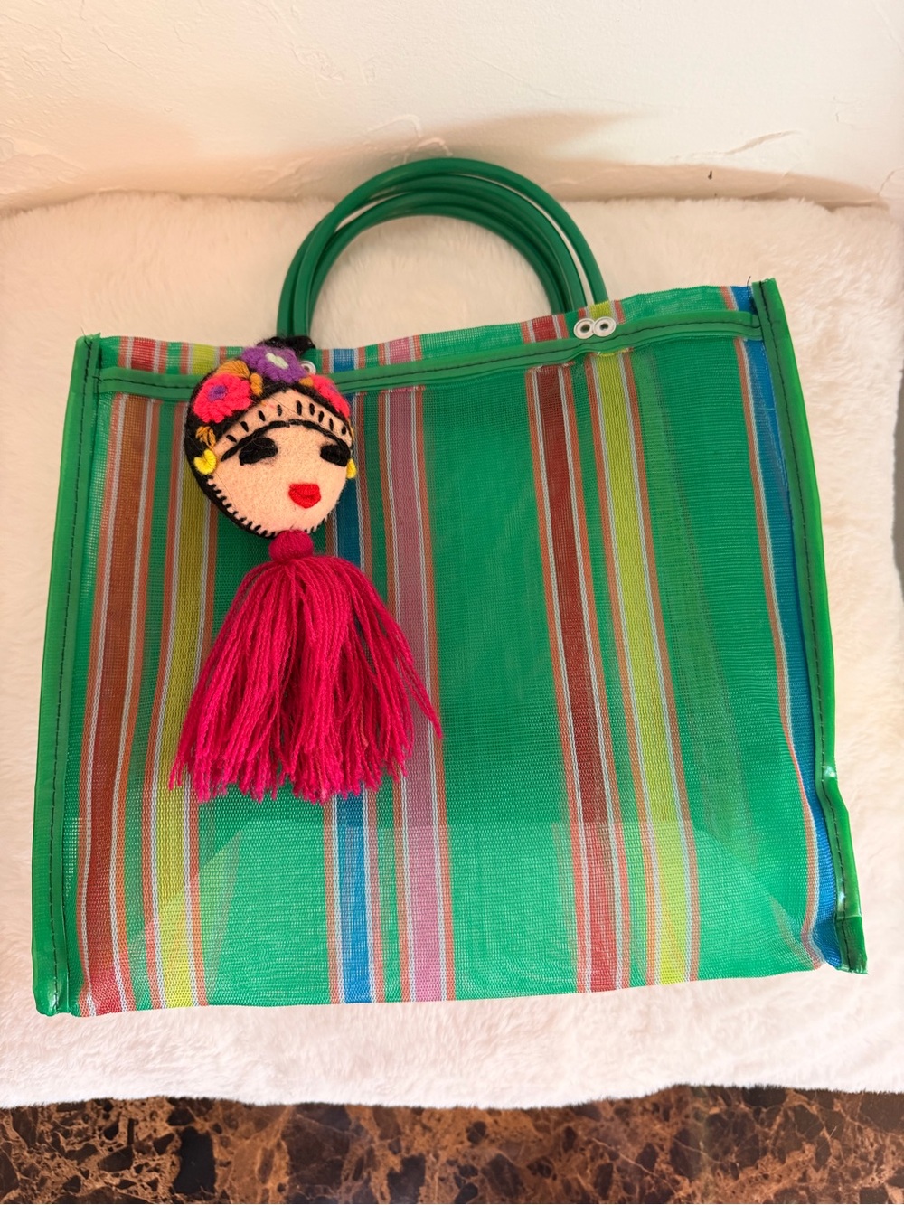 MEXICANA Green Striped Tote with Pink Tassel Charm